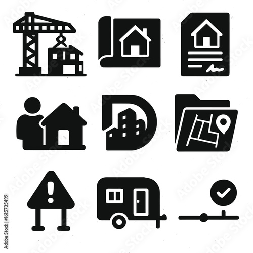 Construction Icons Set. Solid style icons of new development and construction sales: under construction icon, blueprint with house