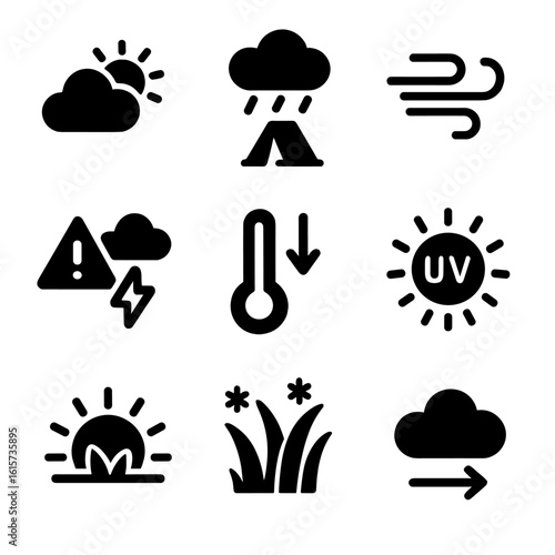 Weather Icons for Camping. Solid style icons of weather awareness while camping: sun and clouds mix, rain with tent, wind gust