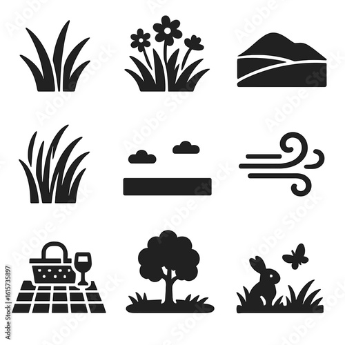 Prairie Icon Set. Solid style icons of open fields and prairies: grass blade cluster, wildflower patch, rolling hill icon, tall
