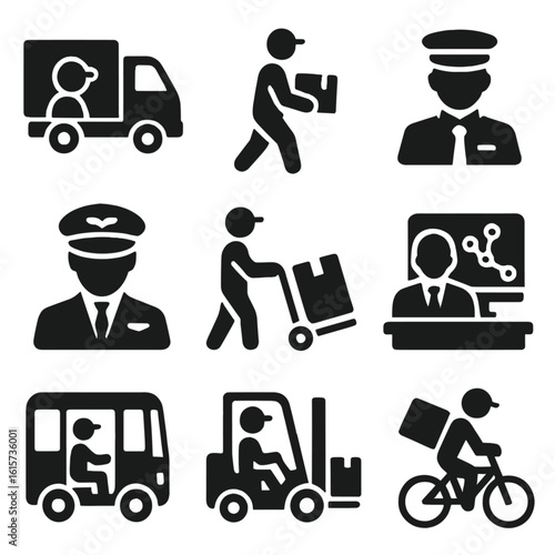 Transportation Job Icons. Solid style icons of transportation and logistics jobs: truck driver, delivery courier, train conductor,