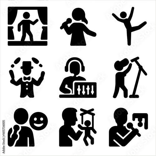 Entertainment Job Icons. Solid style icons of entertainment and performance jobs: actor on stage, singer with mic, dancer pose,
