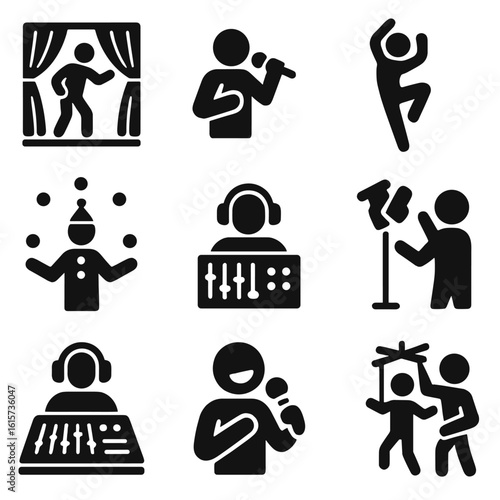 Entertainment Job Icons. Solid style icons of entertainment and performance jobs: actor on stage, singer with mic, dancer pose,
