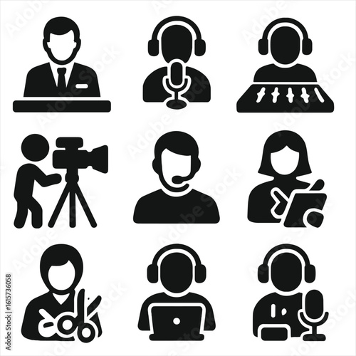Media Role Icons. Solid style icons of media and broadcasting roles: news anchor, radio host, sound technician, TV camera operator