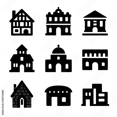 Historic Home Icons. Solid style icons of historical homes: medieval house, baroque mansion, Roman-style villa, renaissance estate