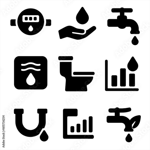 Water Conservation Icons. Solid style icons of water usage and conservation: water meter, conservation hand with drop, reduced