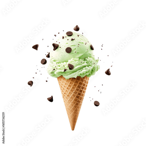 Mint chocolate chip ice cream cone with chocolate chips