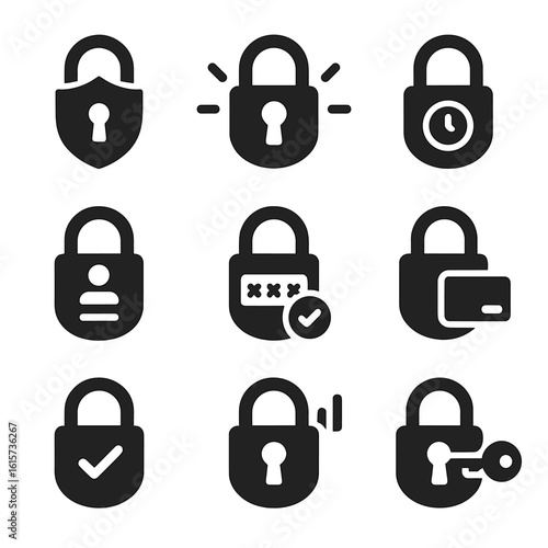 Security Icon Set. Solid style icons of security locks and access: lock with shield, lock with alarm symbol, lock with time delay,