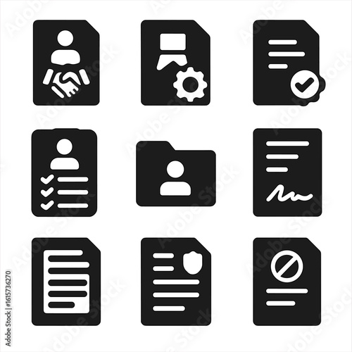 Client Agreement Icons. Solid style icons of client agreements and onboarding: welcome contract, agreement package, service level