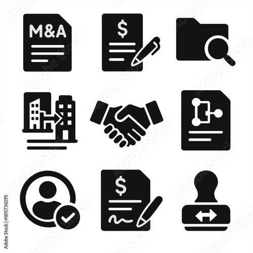 Corporate Merger Icons. Solid style icons of client agreements and onboarding: welcome contract, agreement package, service level