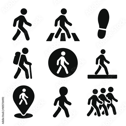 Walking Symbols Icons. Solid style icons of walking and pedestrian symbols: walking person, crosswalk figure, footstep icon, urban