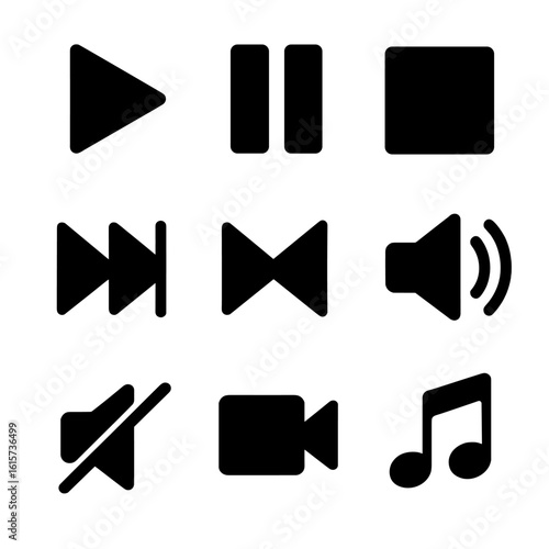 Multimedia Interface Icons. Solid style icons of multimedia interface: play button, pause icon, stop button, fast forward, rewind