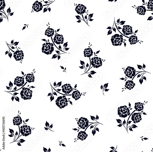 Black floral pattern with rose bouquets and scattered leaves on a white background surface design element