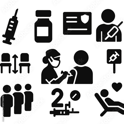 Vaccination Icons Set. Solid style icons of vaccination preparation: vaccine syringe icon, vaccine vial, vaccine record card,