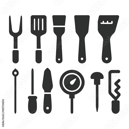 Barbecue Tools Icons. Solid style icons of barbecue tools: grill fork, BBQ tongs, meat spatula, basting brush, grill scraper,