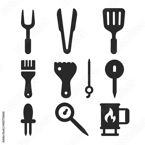 Barbecue Tools Icons. Solid style icons of barbecue tools: grill fork, BBQ tongs, meat spatula, basting brush, grill scraper,