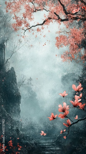 Blossoms in Misty Forest Pathway with Stone Steps