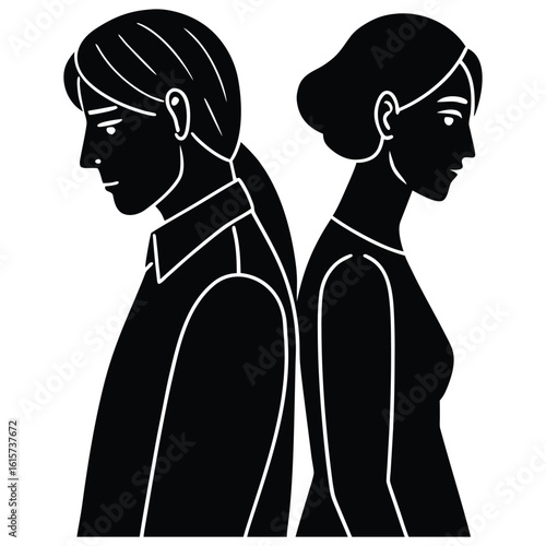 Couple back to back in silhouette with downcast expressions