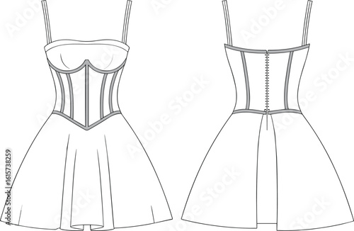 Cad drawing flat vector illustration of corset mini dress front and back view, fashion technical sketch, apparel designdrawing flat vector illustration of corset mini dress front and back 
