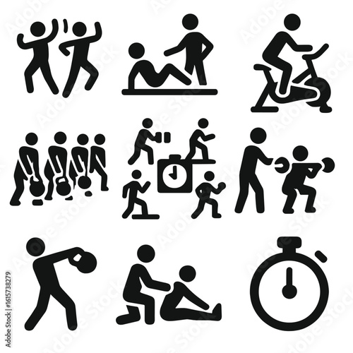 Group Fitness Icons. Solid style icons of group fitness and classes: Zumba class, pilates instructor, spin bike session, group