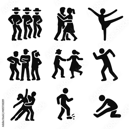 Dance Icons Collection. Solid style icons of dance and movement: line dancing icon, salsa class, ballet position, hip hop group,