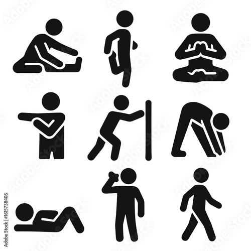 Cooldown Exercise Icons. Solid style icons of cool-down activities: stretching hamstring, quad stretch, breathing exercise,