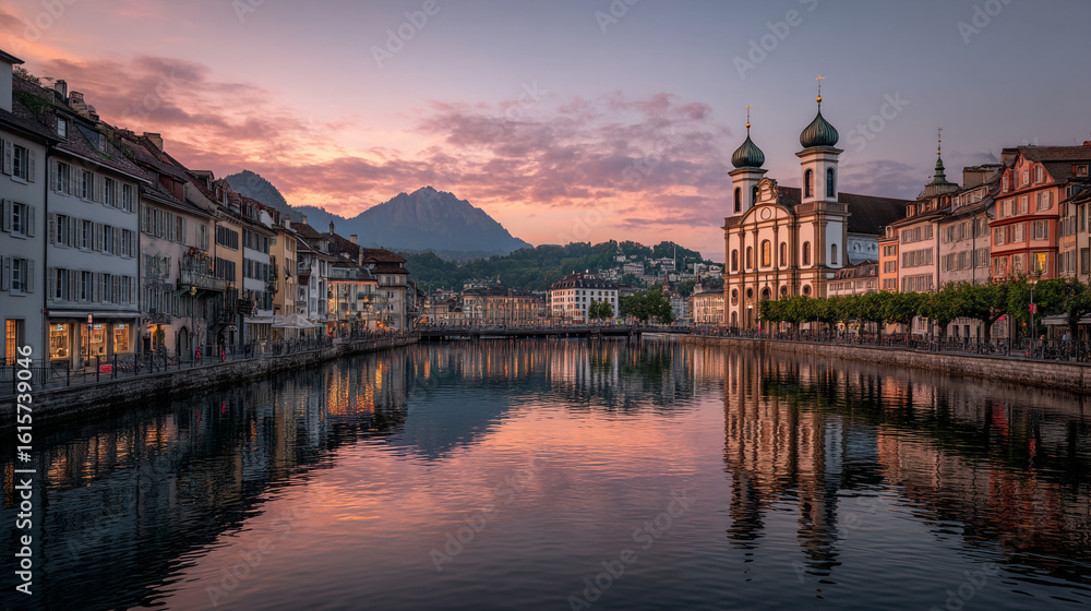 Naklejka premium View of lucerne city at sunset with reflections on the reuss river in switzerland