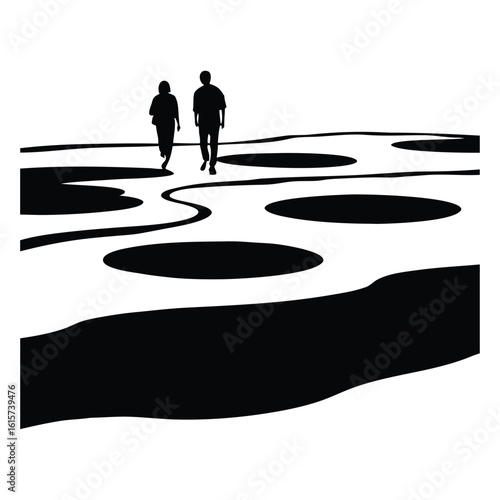 Two silhouettes walking across abstract black and white landscape