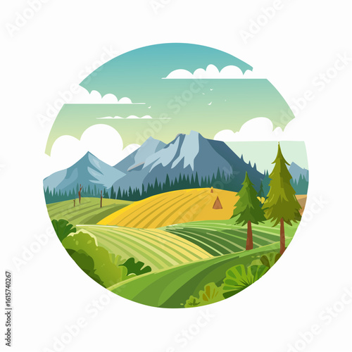 Serene Mountain Vista: A Picturesque Landscape of Rolling Hills and Verdant Fields