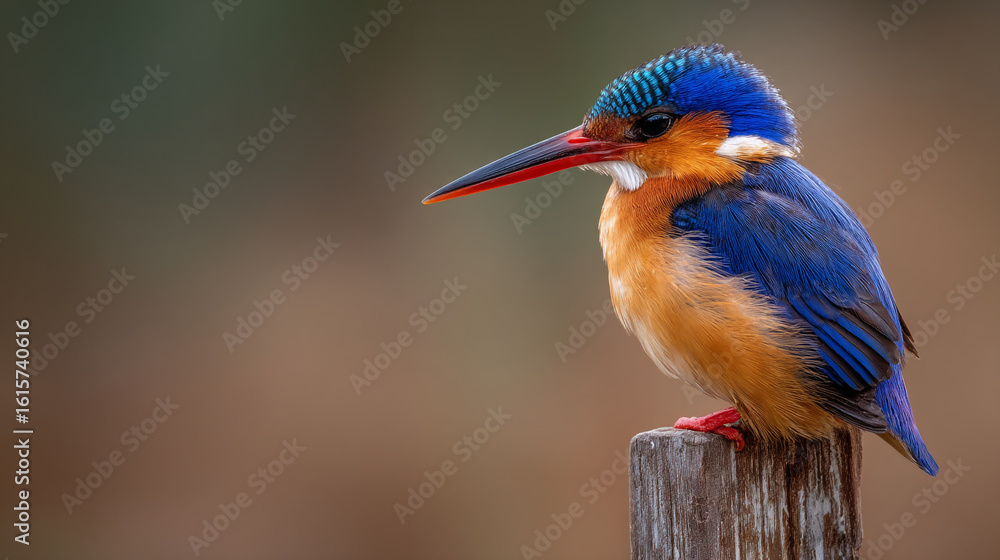 Fototapeta premium A malachite kingfisher perched atop a weathered wooden post in soft focus view