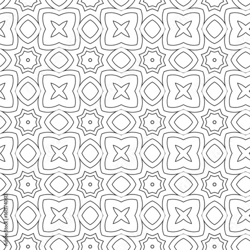 Intricate monochrome seamless pattern featuring elegant geometric and floral shapes. Abstract black and white line art illustration for backgrounds, textiles, and coloring pages.