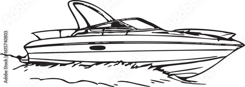 Sleek Modern Motorboat Gliding Smoothly on Water Minimalist Black and White Illustration