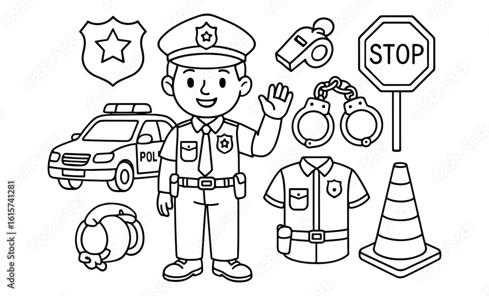 Obraz premium Friendly police officer with equipment in black and white line art style for kids
