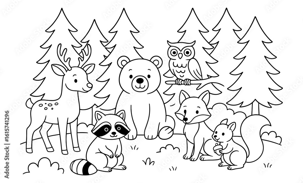 Fototapeta premium Forest animals coloring page with deer, bear, owl, and more in black and white