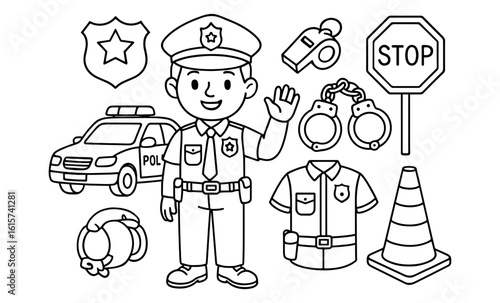 Friendly police officer with equipment in black and white line art style for kids