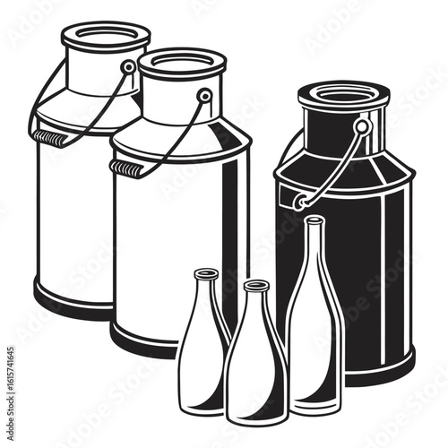 Vintage milk cans and glass bottle collection illustration