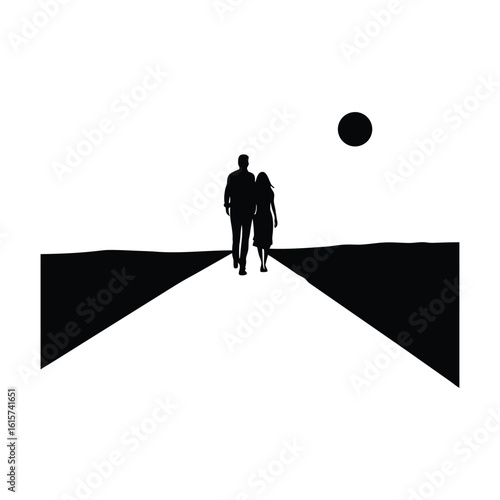 Couple walking together on a path towards a dark horizon under a full moon