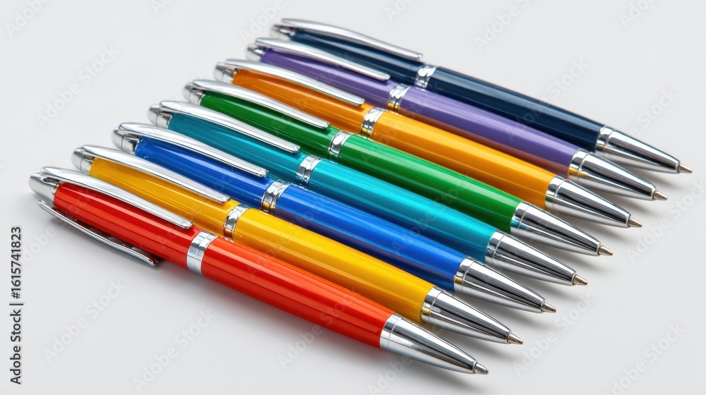 Fototapeta premium Colorful Pens Collection A Row of Bright Multicolored Ballpoint Pens with Silver Accents