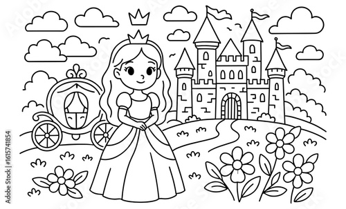 Fairytale princess coloring page with castle and carriage scene
