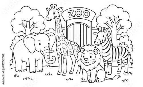 Zoo animals coloring page featuring elephant, giraffe, lion, and zebra at entrance