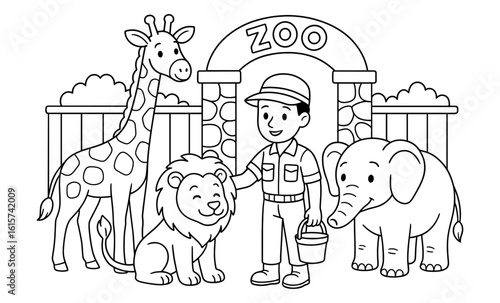 Zoo visit coloring page with zookeeper, lion, giraffe, and elephant