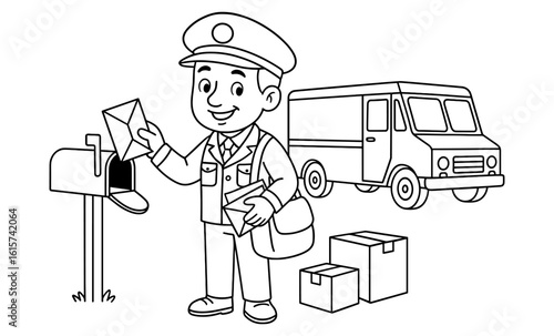 Cartoon mail carrier with mailbox and van coloring page for kids