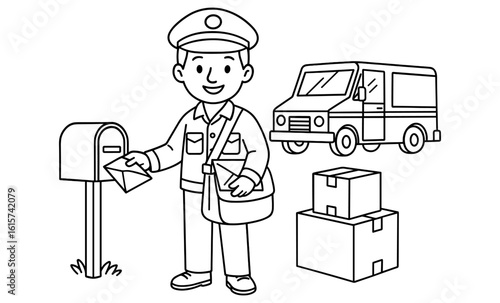 Friendly mail carrier delivering packages and letters in black and white line art