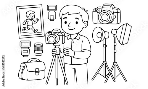 Photographer with camera equipment and accessories in black and white outline style