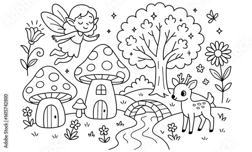 Magical fairyland scene with whimsical creatures and forest elements for coloring