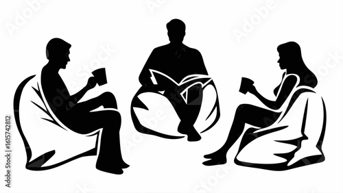 Silhouettes of people relaxing in beanbag chairs reading and drinking coffee in a monochrome illustration