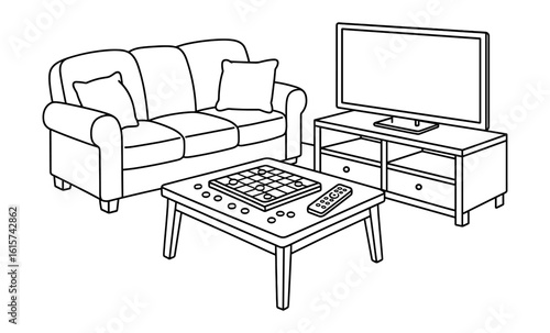 Cozy living room with sofa, coffee table, and entertainment center in line art style