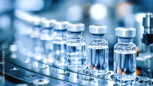 Clear glass vials filled with liquid, aligned on a conveyor belt in a sterile, high-tech pharmaceutical production environment.