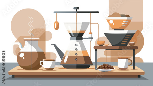 Flat illustration of pour over coffee brewing setup with coffee beans and steaming carafe coffee maker