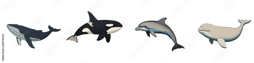 Naklejka premium Sea animals set with whale, orca, dolphin, beluga in paper cut applique style on white background