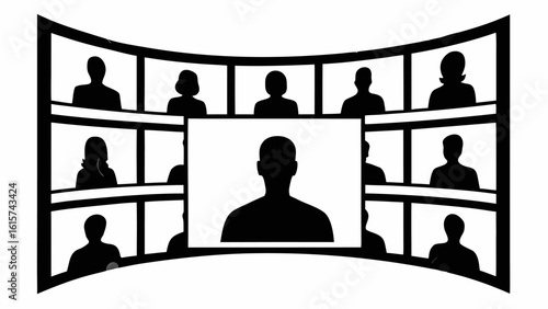 Silhouette figures in a video conference call with multiple participants displayed on a curved screen setup